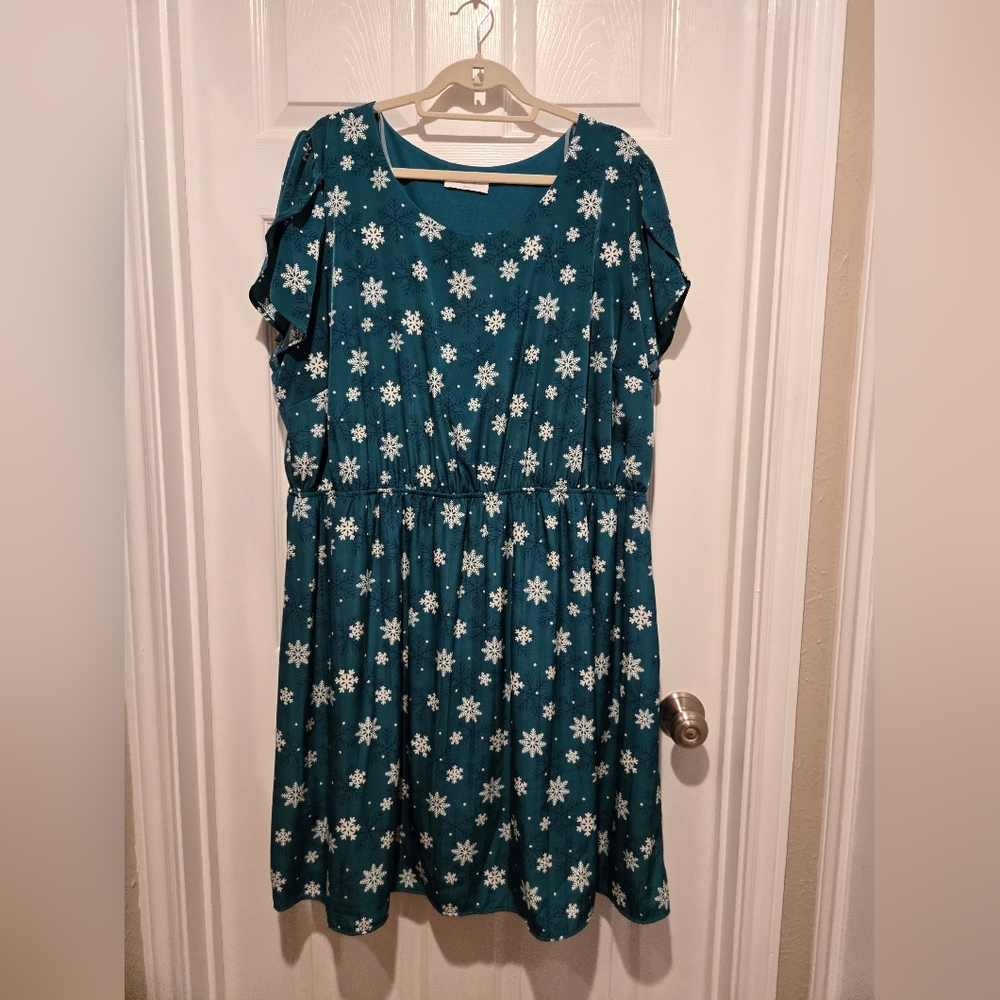 Modcloth Peach Love California Teal Snowflake Dress
